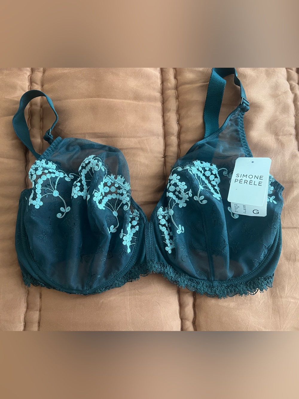 Simone Perele Teal Green Floral Embroidered Underwire Bra 34G